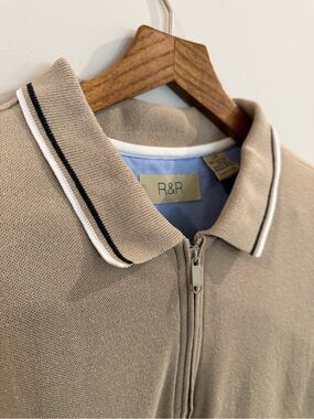 Vintage 90s R&R Quarter Zip Polo Shirt L Beige White Preppy Grandpa normcore
